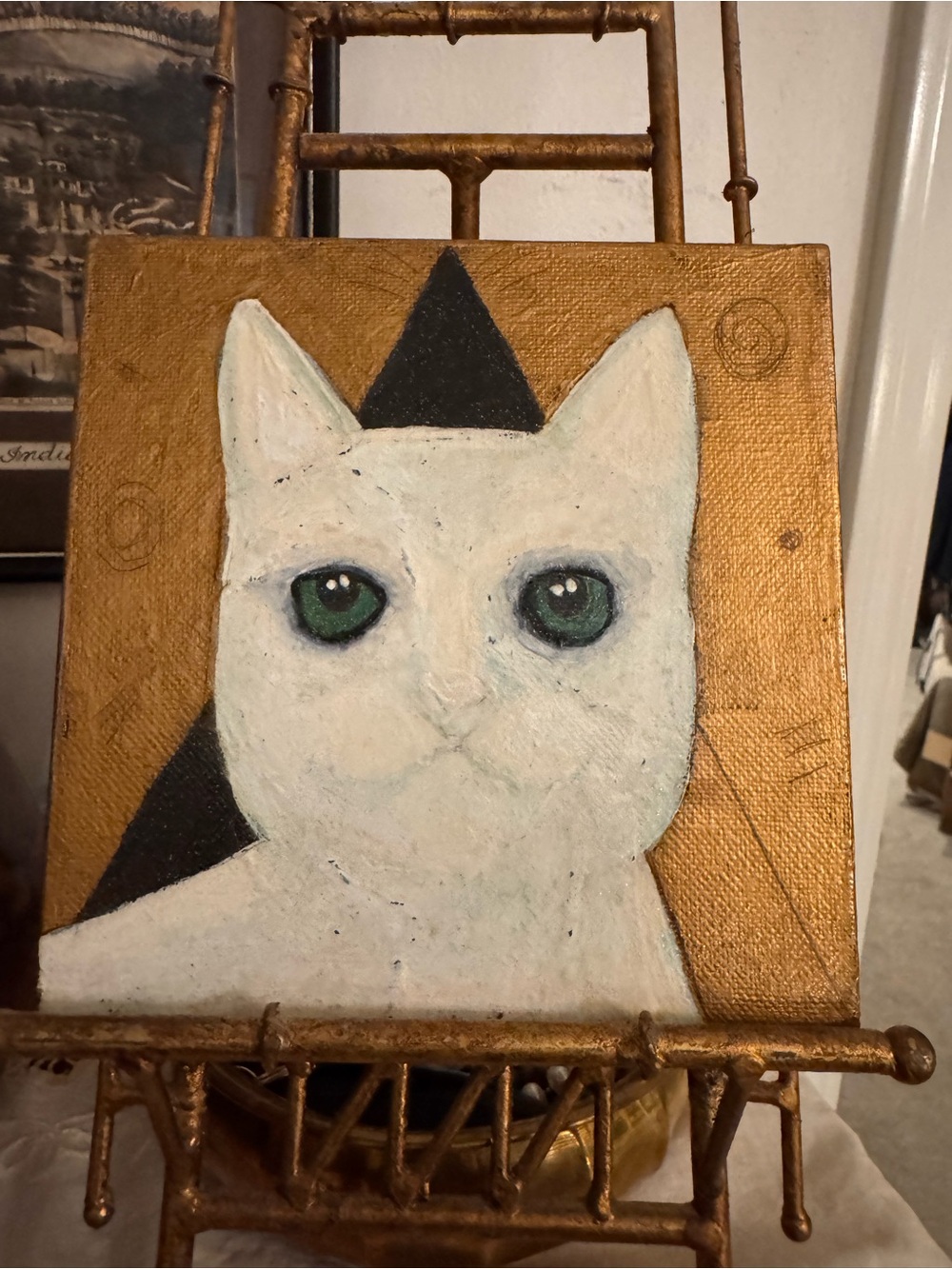 Original Folk Art Cat Paintings Set of 3 Dawn Leach Gold Leaf Signed 2019 - Picture 4 of 8